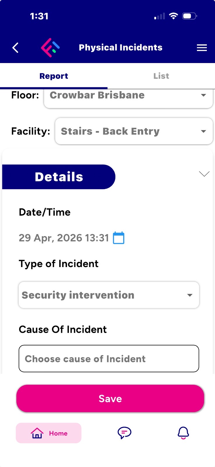 A phone screen with the title "physical incidentes" and then drop down menus for other information.