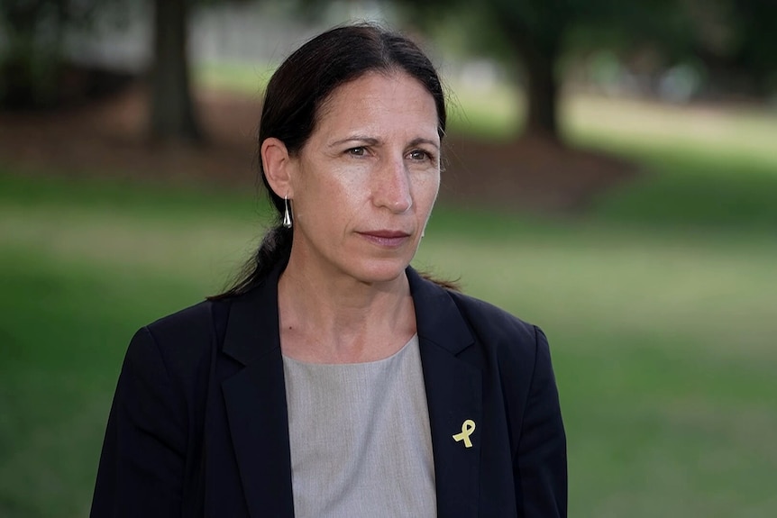 Michele Goldman NSW Jewish Board of Deputies CEO stands outdoors at a park talking to the media