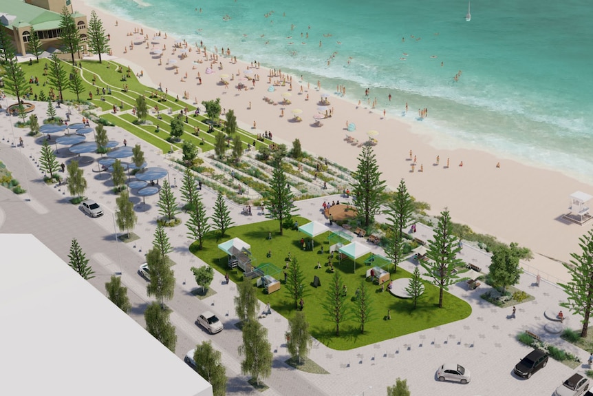 The design rendering of the plaza upon completion of stage one of Cottesloe foreshore development. 