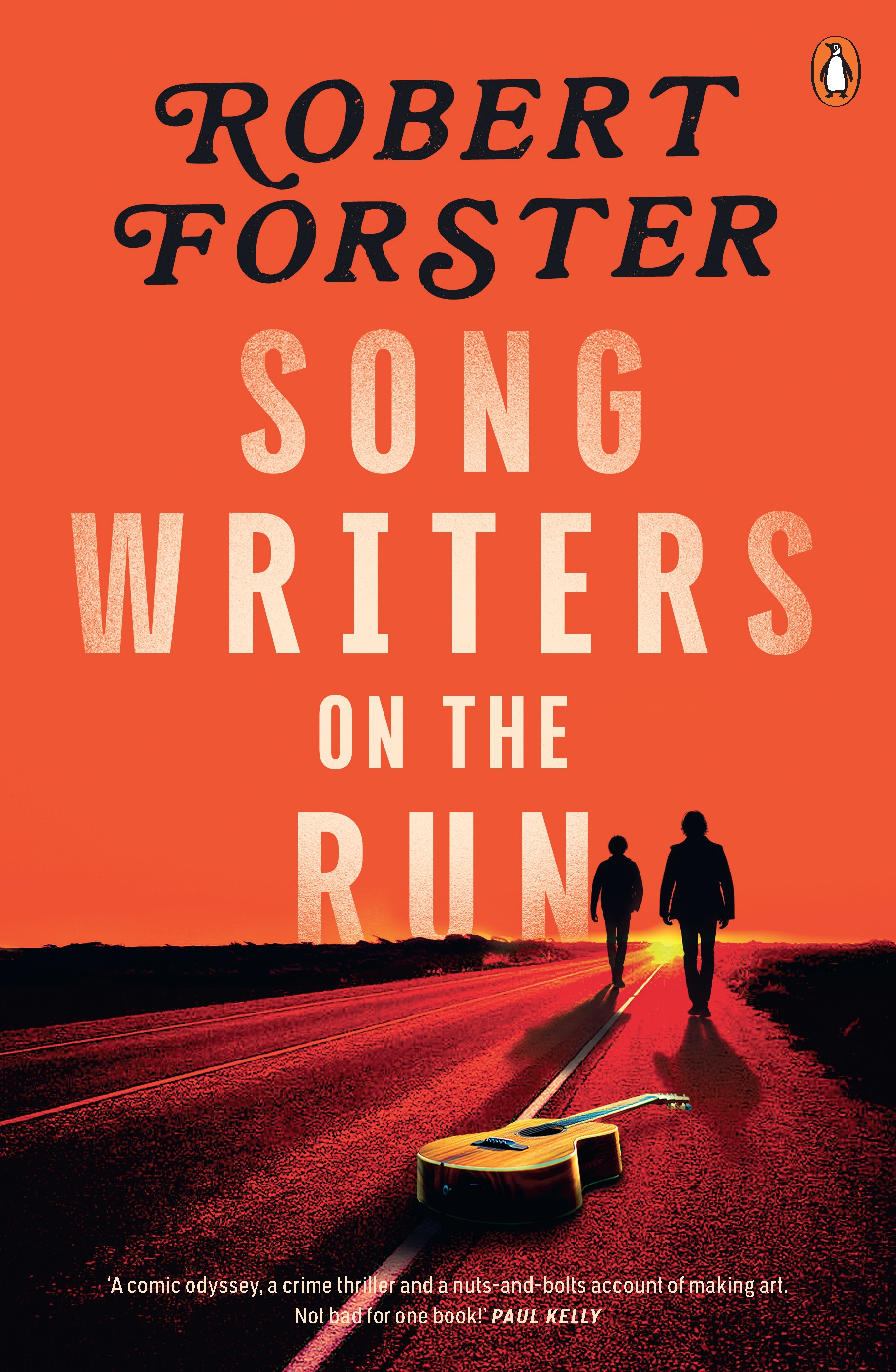 A book cover with two silhouetted figures walking into the sunset, with a guitar on the road behind them.