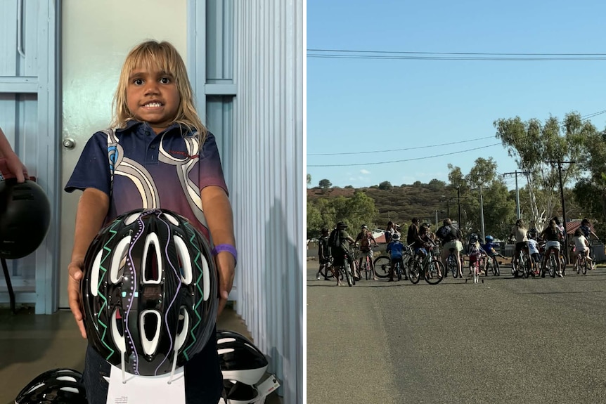 Composite: a smiling girl holds a bike helmet; kids and adults ride bikes along a road