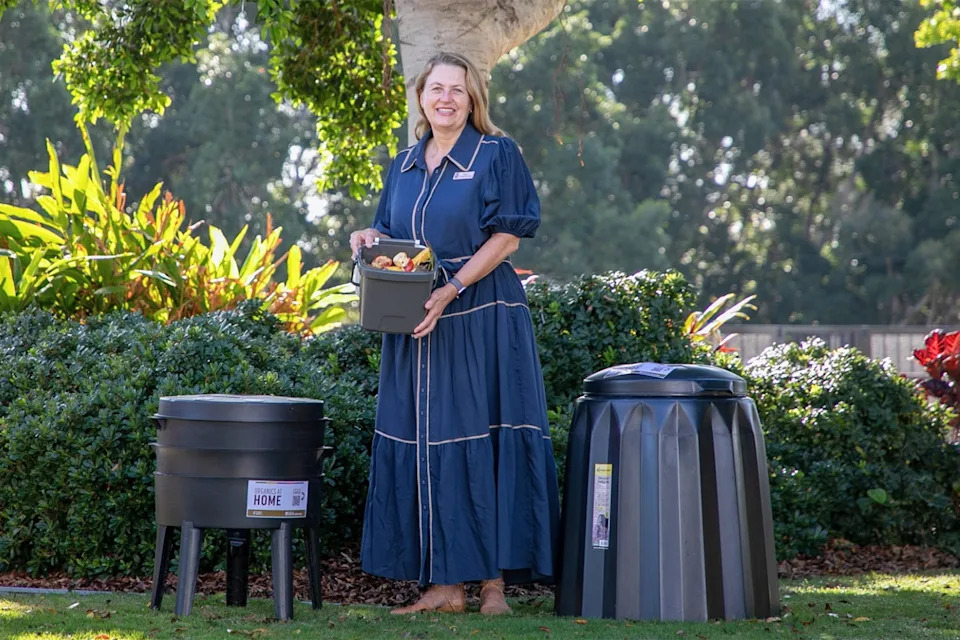 Ipswich Mayor Teresa Harding shows the free worm farm or compost bin residents can access under a new Ipswich City Council Organics at Home initiative.