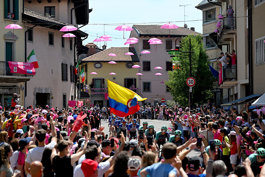 PIANCAVALLO, ITALY - MAY 30: A general view of the peloton passing through a Tricesimo village during the 109th Giro d&amp;apos;Italia 2026, Stage 20 a 200km stage from Gemona del Friuli to Piancavallo 1289m / #UCIWT / on May 30, 2026 in Piancavallo, Italy. (Photo by Tim de Waele/Getty Images)