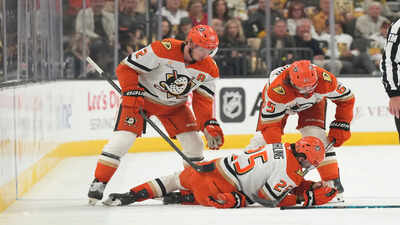 Anaheim Ducks forward Ryan Poehling exits injured after Brayden McNabb hit during heated NHL match against Vegas Golden Knights
