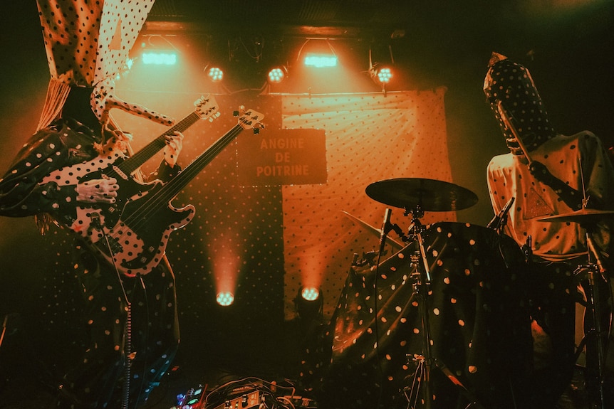 Band members in costume performing live.