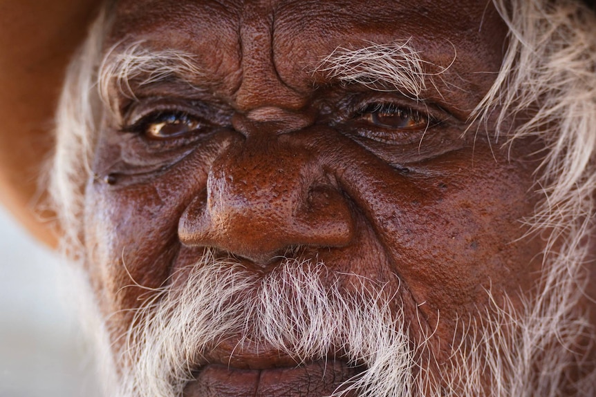 The eyes of an elderly Aboriginal man with white hair.