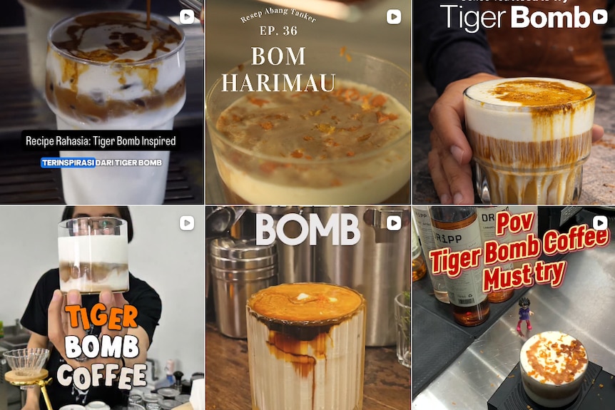 Six square pictures of beverages on Instagram.