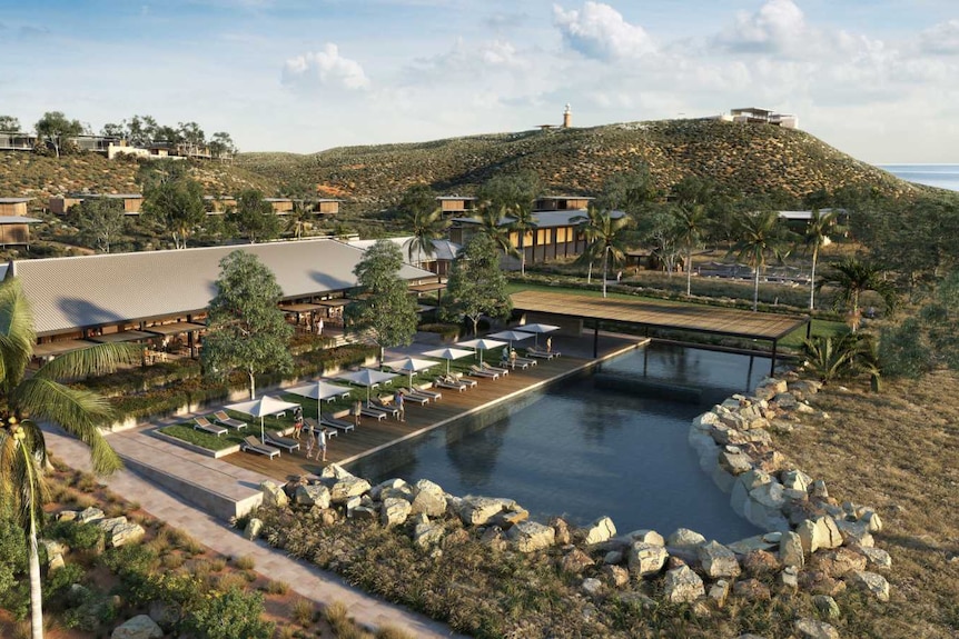 A resort in the North West of Australia with a cliff and lighthouse in the background