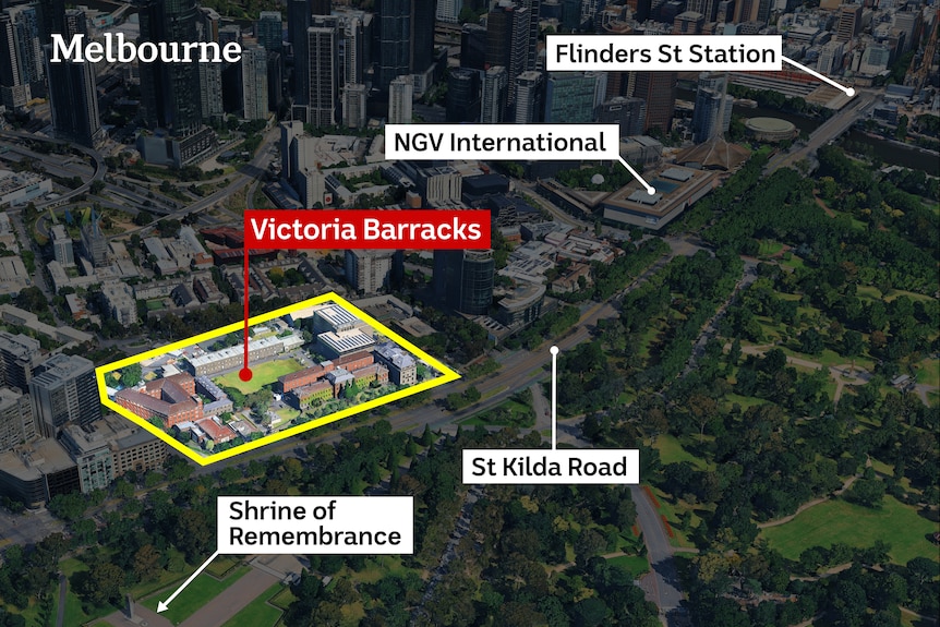 3D map shows Melbourne's Victoria Barracks and surrounding points of interest such at the National Gallery and Flinders Station.