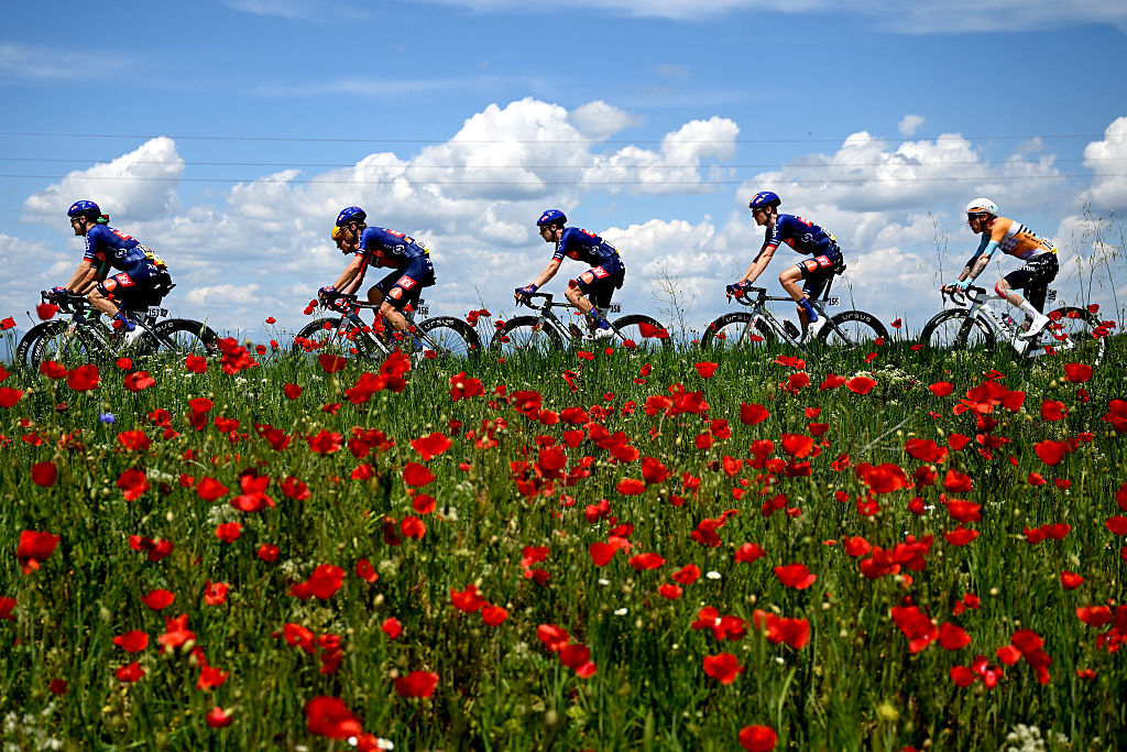 SOFIA, BULGARIA - MAY 10: (L-R) Sean Flynn of Great Britain, Tim Naberman of Netherlands, Casper van Uden of Netherlands, Gijs Leemreize of Netherlands and Team Picnic PostNL, Jake Stewart of Great Britain and Team NSN Cycling and a general view of the peloton passing through flowery landscape during the 109th Giro d&amp;apos;Italia 2026, Stage 3 a 175km stage from Plovdiv to Sofia / #UCIWT / on May 10, 2026 in Sofia, Bulgaria. (Photo by Dario Belingheri/Getty Images)