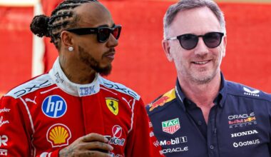 Lewis Hamilton looks across at a smiling Christian Horner