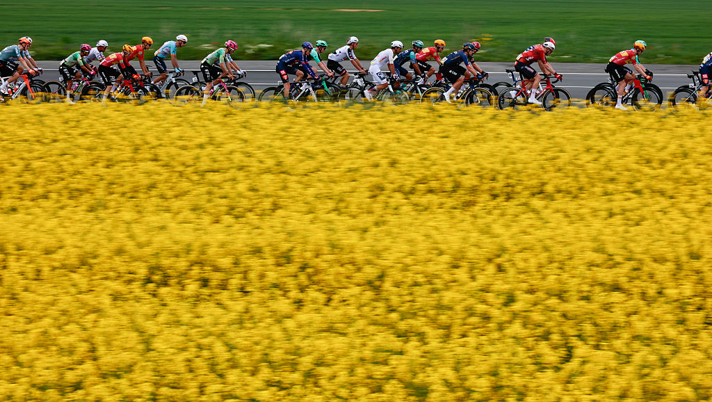 The pack ride during the 2nd stage of the Giro d'Italia 2026 - Tour of Italy cycling race between Burgas and Veliko Tarnovo, Bulgaria, on May 9, 2026. (Photo by Luca Bettini / AFP)