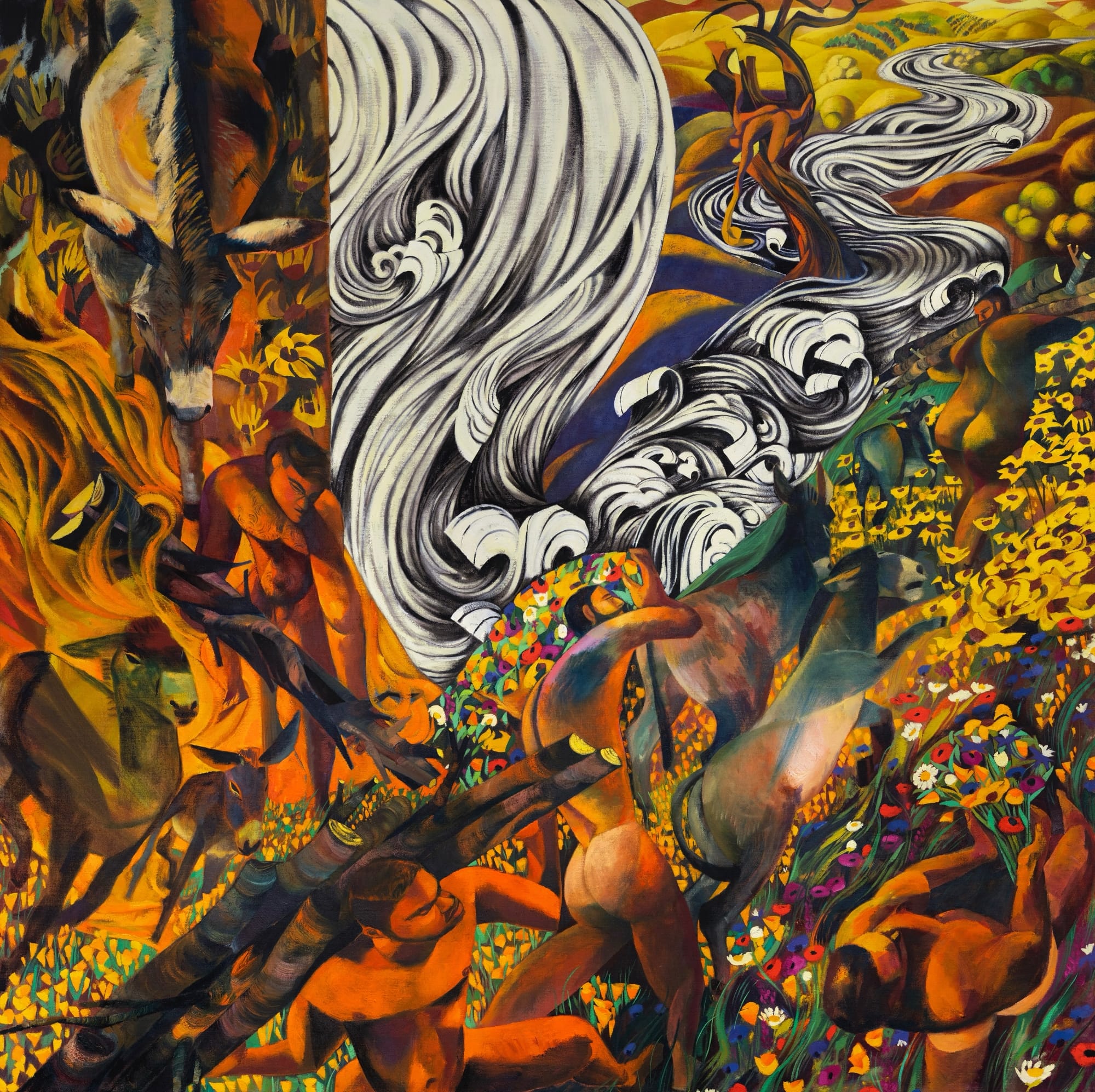 a painting by J Carino of nude figures in a forested setting, rendered with blocks of color and gestural brushstrokes