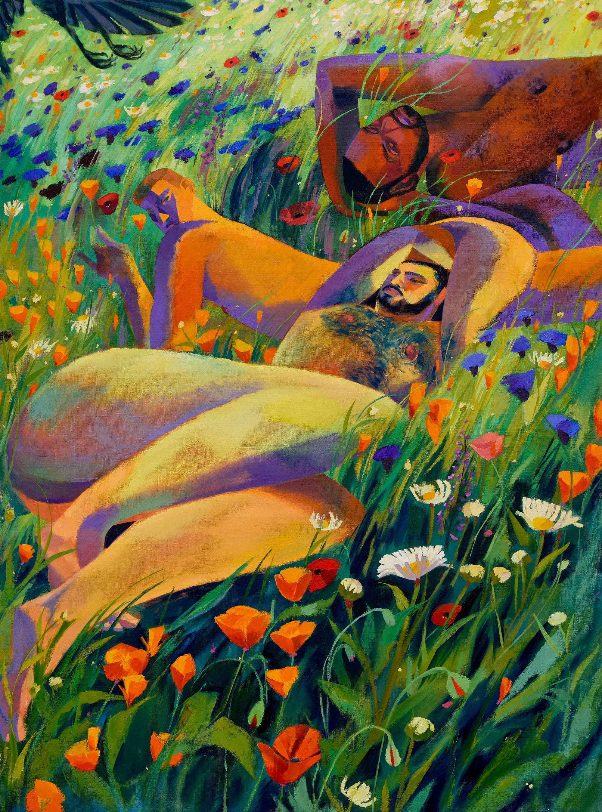 a painting by J Carino of nude figures in a lush meadow, rendered with blocks of color and gestural brushstrokes