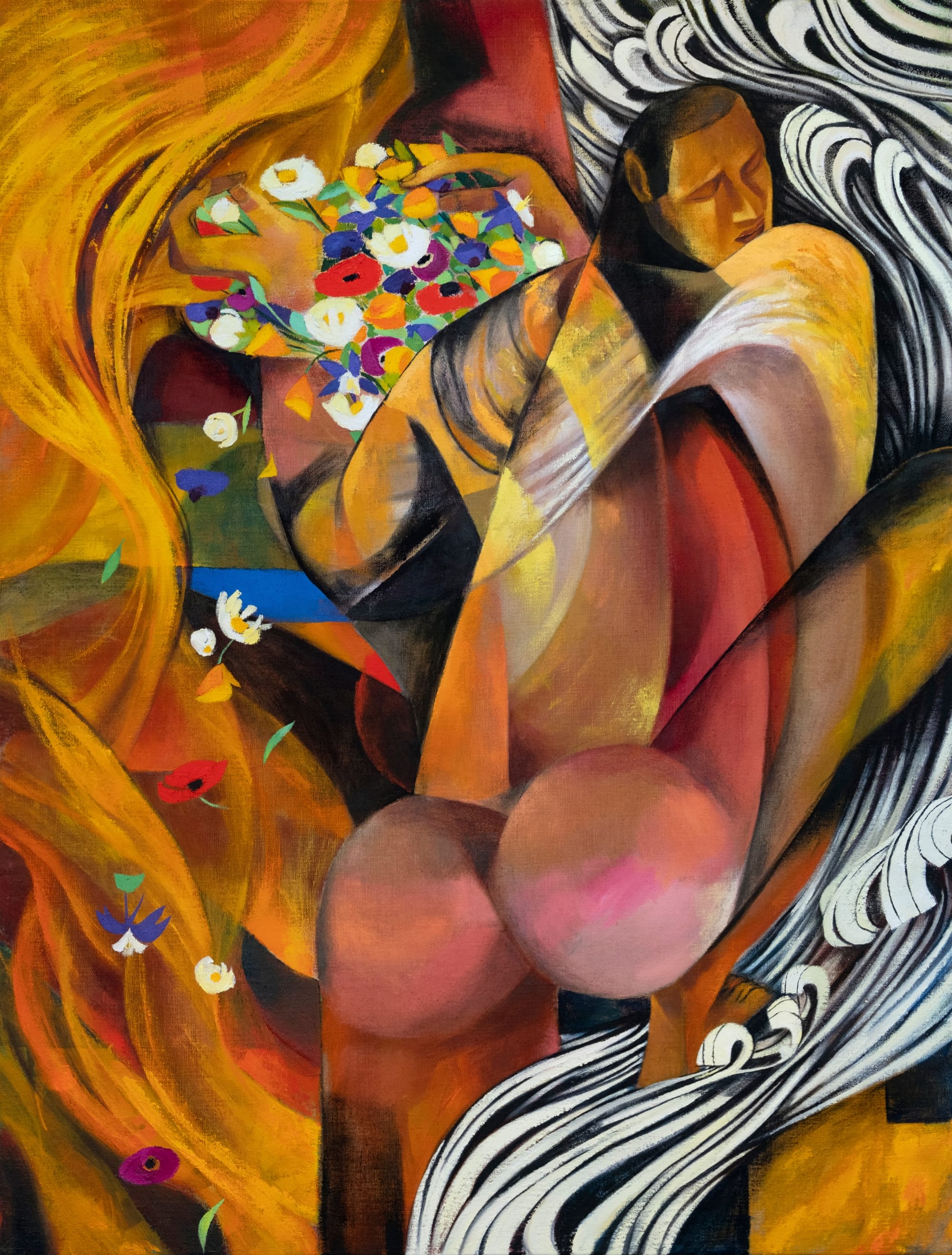 a painting by J Carino of a nude figure in nature, rendered with blocks of color and gestural brushstrokes