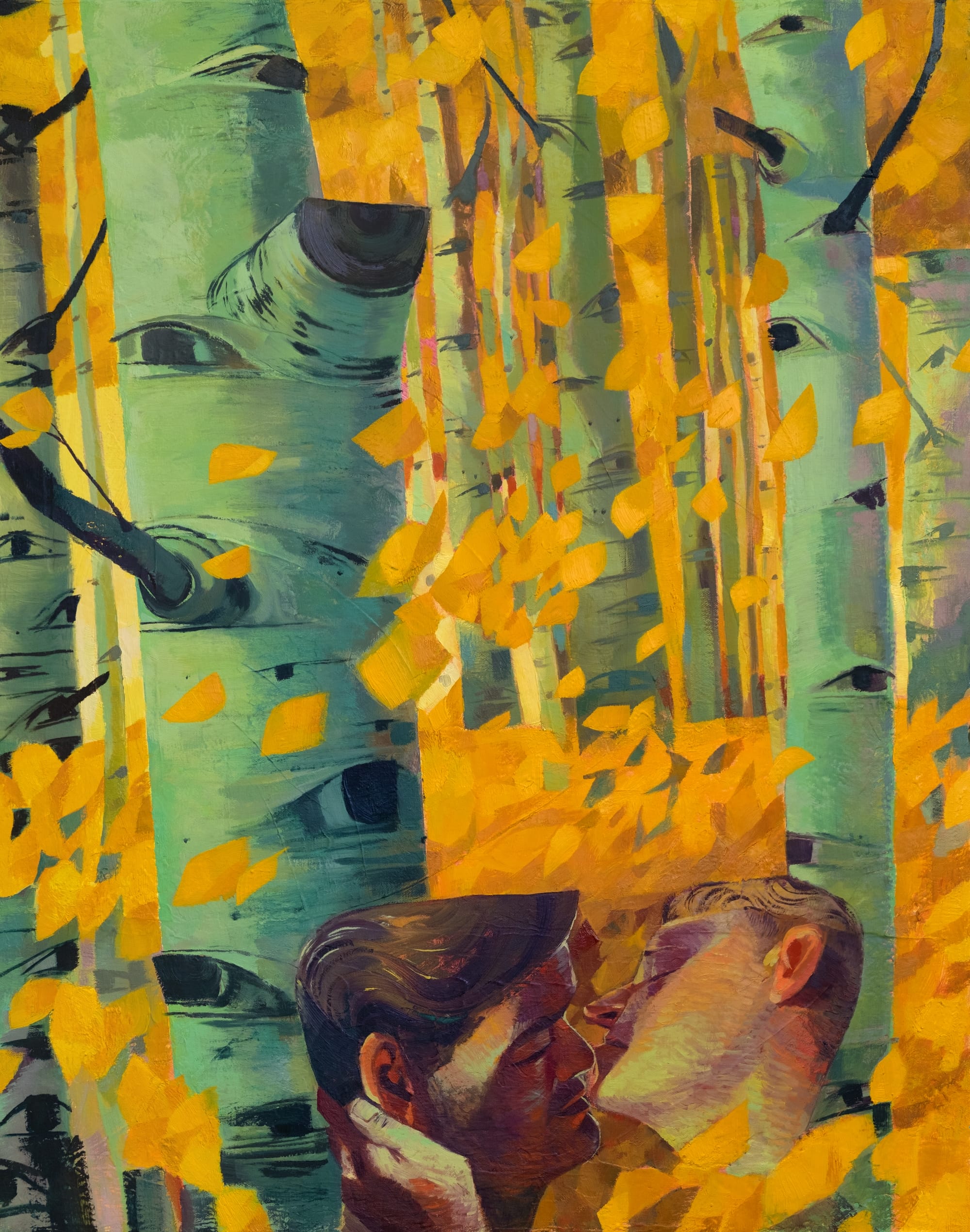 a painting by J Carino of two men embracing in nature, rendered with blocks of color and gestural brushstrokes