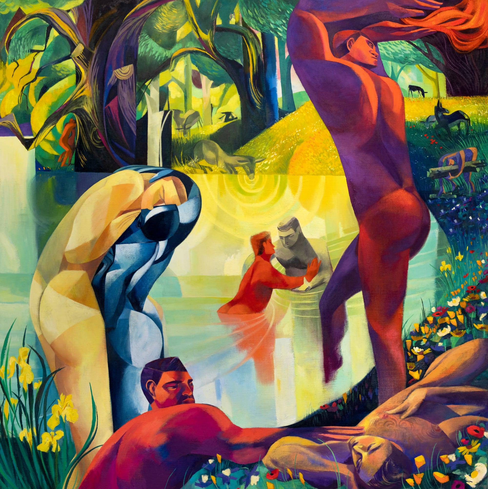 a painting by J Carino of nude figures in a forested water setting, rendered with blocks of color and gestural brushstrokes