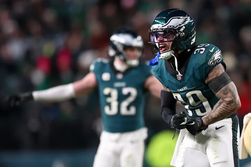 Jan 11, 2026; Philadelphia, PA, USA; Philadelphia Eagles safety Marcus Epps (39) reacts after a play against the San Francisco 49ers during the third quarter in an NFC Wild Card Round game at Lincoln Financial Field. Mandatory Credit: Bill Streicher-Imagn Images