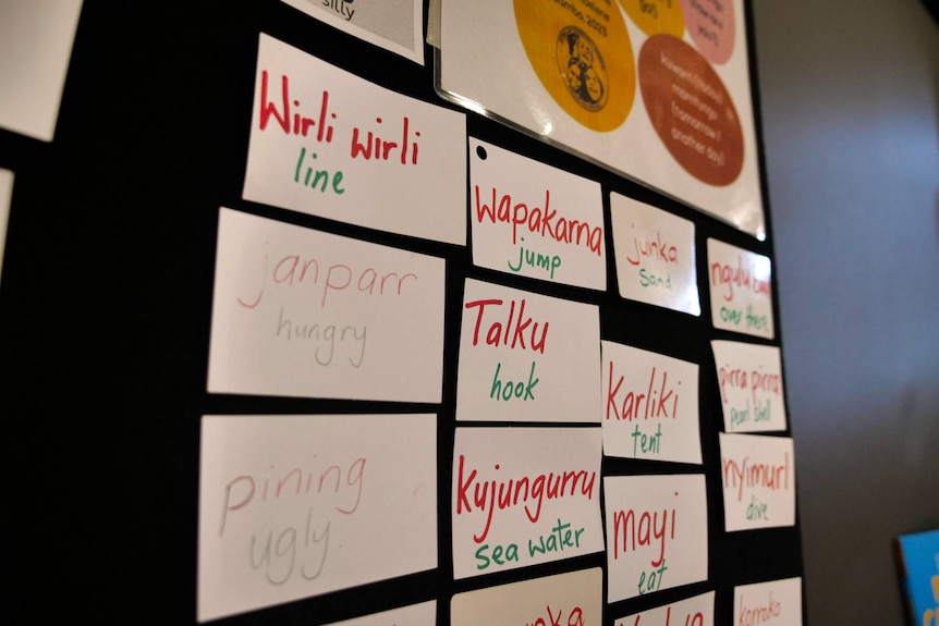 Flashcards with Nyangurmata words are pinned to a classroom board.