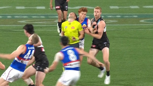 AFL umpire Daniel Johanson smashed into by Ed Richards.