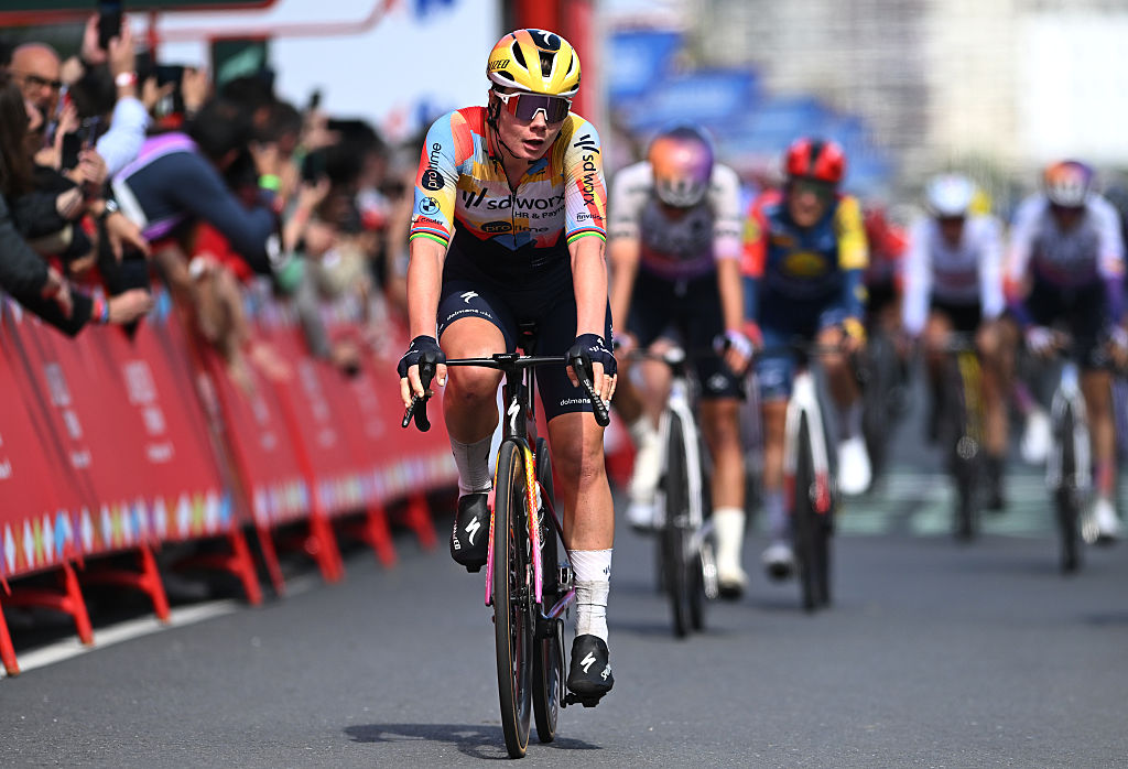 A CORUNA, SPAIN - MAY 05: Lotte Kopecky of Belgium and Team SD Worx - Protime crosses the finish line during the 12th La Vuelta Femenina 2026, Stage 3 a 121.2km stage from Padron to A Coruna / #UCIWWT / on May 05, 2026 in A Coruna, Spain. (Photo by Szymon Gruchalski/Getty Images)