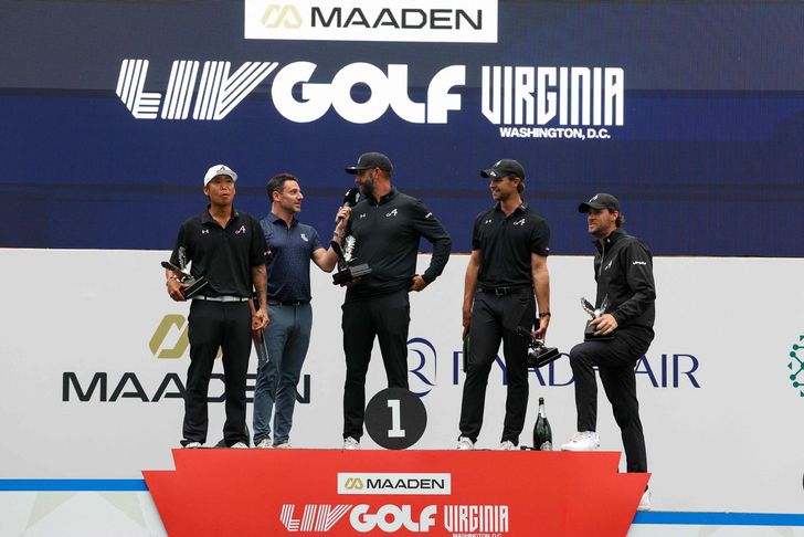 From left, Anthony Kim, Dustin Johnson, Thomas Pieters and Thomas Detry of 4Aces GC attend day four of LIV Golf Virginia at Trump National Golf Club in Sterling, Virginia, May 10, in this Getty Images photo. AFP-Yonhap