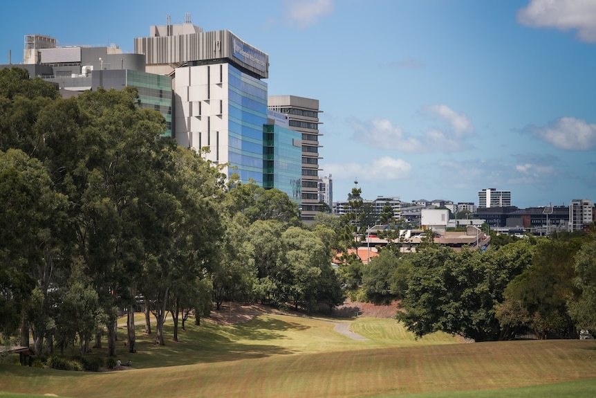 Victoria Park with some large buildings in the background.