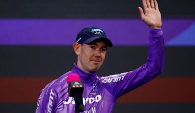 Team Jayco AlUla Australian rider Ben O'Connor waves during the team presentation in Burgas, on May 6, 2026, two days before the departure of the Giro d'Italia 2026 - Tour of Italy cycling race. The Giro d'Italia 2026 will depart from Burgas in Bulgaria on May 8, 2026 and finish in Rome on May 31, 2026. (Photo by Luca Bettini / AFP via Getty Images)