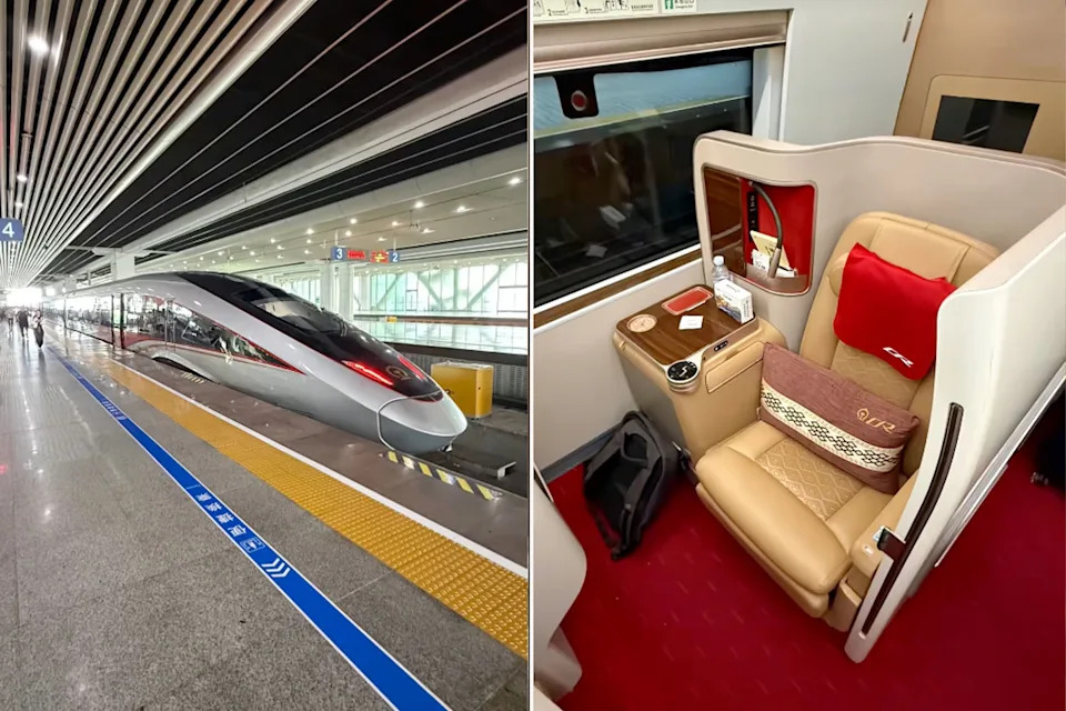 Left: High-speed train at a platform in China. Right:
