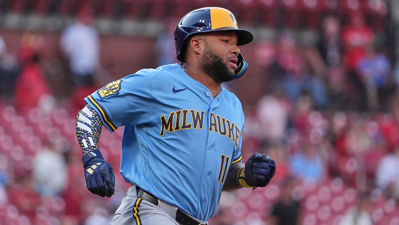 Milwaukee Brewers' Jackson Chourio doubles during the first inning of a baseball game against St. Louis Cardinals Monday, May 4, 2026, in St. Louis.