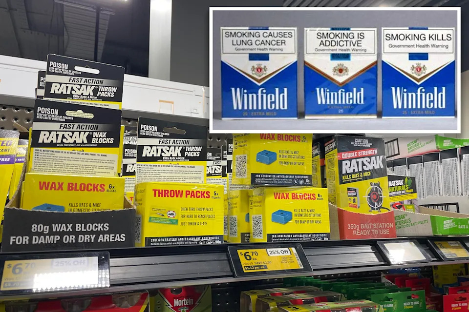 Inset: Winfield cigarette packets with warnings. Background: New Ratsak warnings.