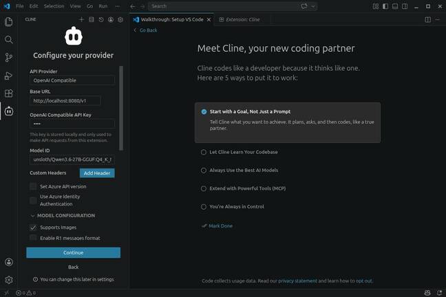 Once installed, all you need to do is point Cline at your Llama.cpp server. Once installed, all you need to do is point Cline at your Llama.cpp server.