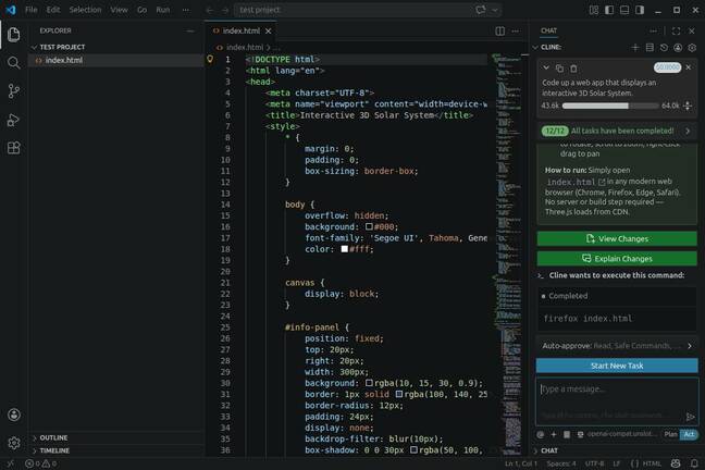 As you interact with Cline, changes will appear in VS Code's editor. As you interact with Cline, changes will appear in VS Code's editor.