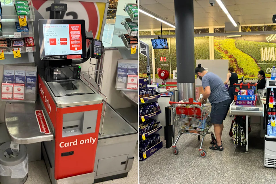 (L) Photo of a Coles self-checkout register. (R) Image of a shopper at Coles checking out their items. Source: Yahoo News Australia
