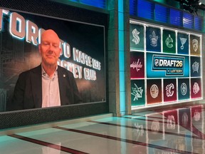 Toronto Maple Leafs executive Mats Sundin appears on a video screen after the team he just joined won the NHL draft lottery for the first pick, drawn at NHL Network studio in Secaucus, New Jersey, on Tuesday, May 5, 2026.