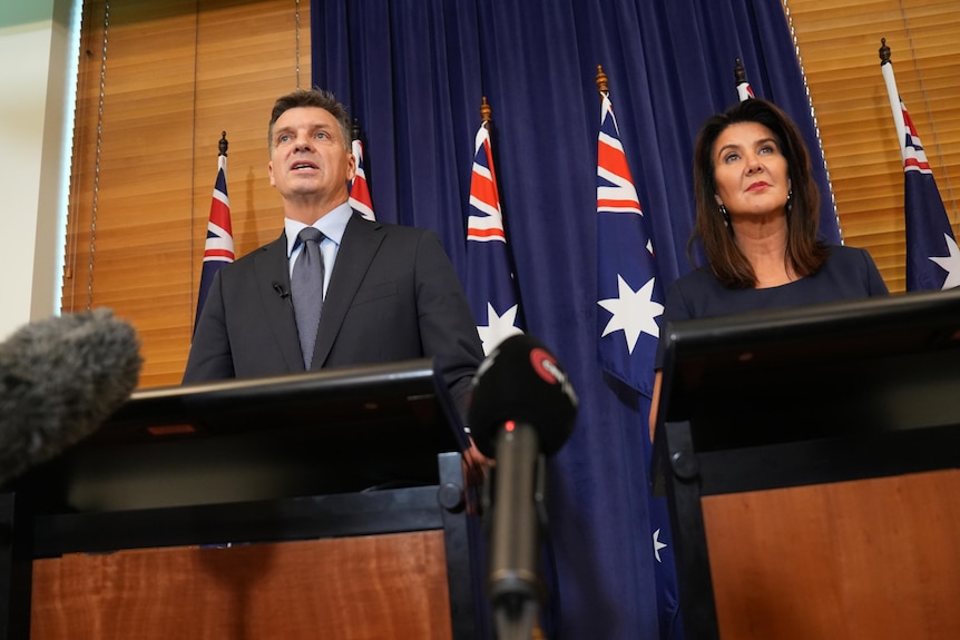 Angus Taylor and Jane Hume stand at lecterns in front of Australian flags