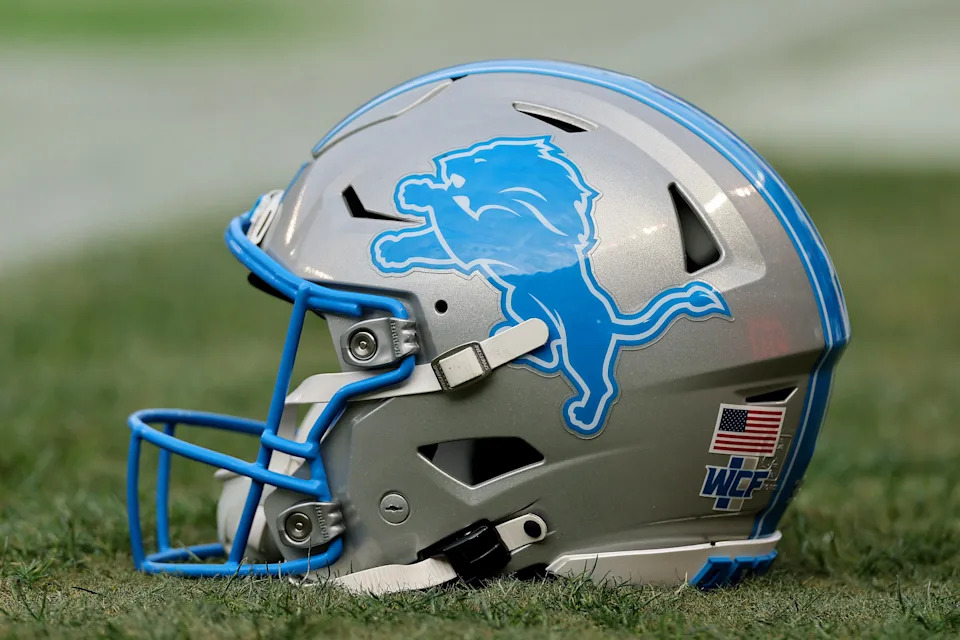 CHICAGO, ILLINOIS - DECEMBER 22: A detail of a Detroit Lions helmet prior to the game against the Chicago Bears at Soldier Field on December 22, 2024 in Chicago, Illinois. (Photo by Michael Reaves/Getty Images)