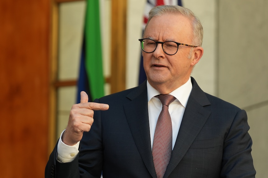 Anthony Albanese talks and gestures with his hands.
