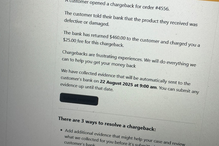 A photo of the email Bronte Goodieson received from Shopify.