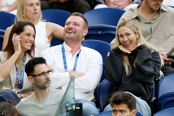 Sam Groth at this year’s Australian Open with wife Brittany and Bec Hewitt.