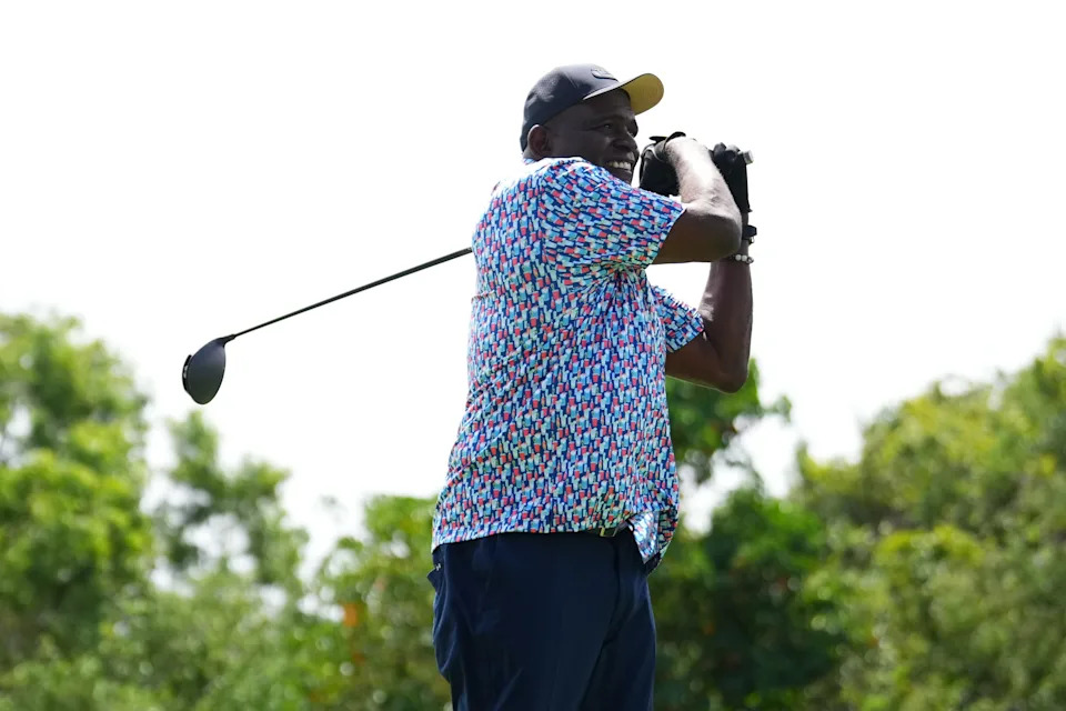 BOCA RATON, FLORIDA - APRIL 04: Lawrence Taylor takes his shot on the 2nd Tee during the first round of the James Hardie Pro-Football Hall of Fame Invitational 2025 at The Old Course at Broken Sound on April 04, 2025 in Boca Raton, Florida. (Photo by Rich Storry/Getty Images)