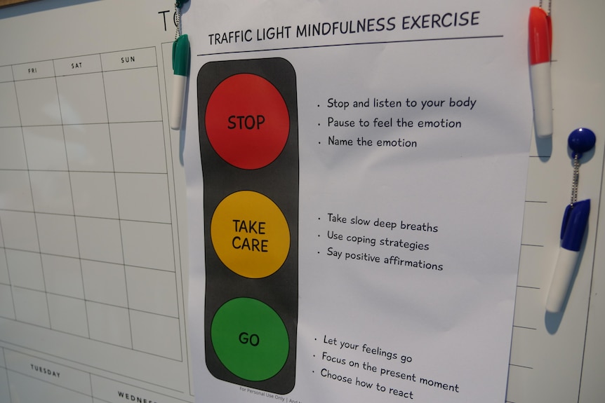 An A4 poster of a traffic light mindfulness exercise on a whiteboard