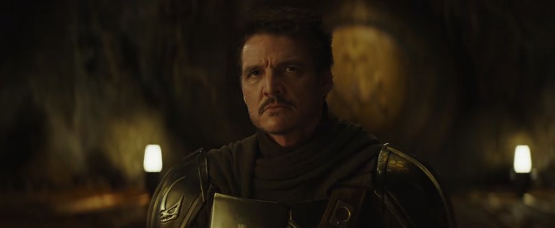 Pedro Pascal as the Mandalorian, with his helmet off.
