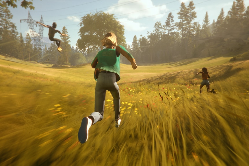 A video game screenshot of three characters running at pace through a field.