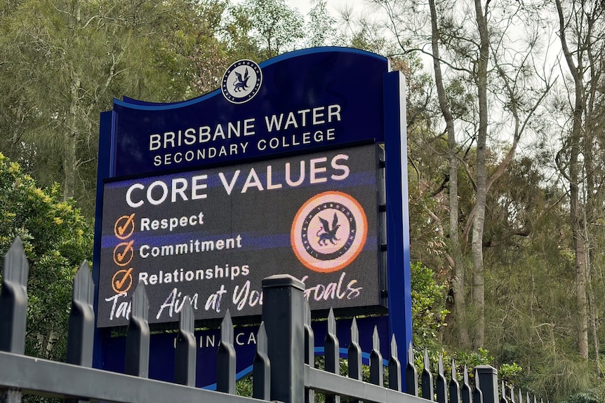 A digital sign fpr Brisbane Water Secondary College outlining the school's core values.