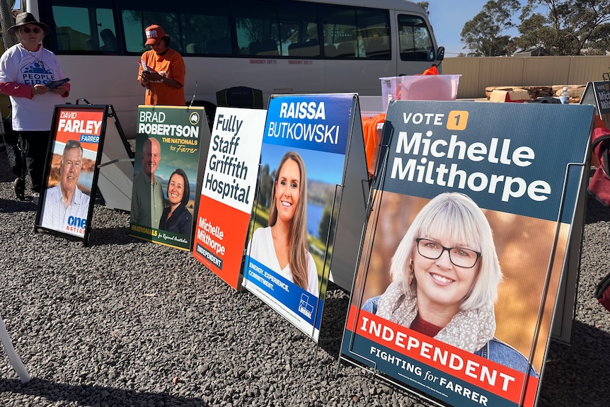 Political signs lined up in a row outside of a polling station.
