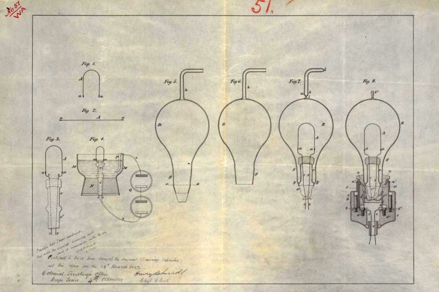 A light bulb patent drawing lodged in WA in 1883