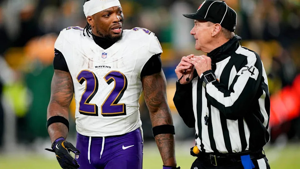 Dec 27, 2025; Green Bay, Wisconsin, USA; <a class="link " href="https://sports.yahoo.com/nfl/teams/baltimore/" data-i13n="sec:content-canvas;subsec:anchor_text;elm:context_link" data-ylk="slk:Baltimore Ravens;sec:content-canvas;subsec:anchor_text;elm:context_link;itc:0" data-yga="{"yLinkElement":"context_link","yModuleName":"content-canvas","yLinkText":"Baltimore Ravens","ySubModuleName":"anchor_text","yHasCommerce":false}">Baltimore Ravens</a> running back <a class="link " href="https://sports.yahoo.com/nfl/players/29279/" data-i13n="sec:content-canvas;subsec:anchor_text;elm:context_link" data-ylk="slk:Derrick Henry;sec:content-canvas;subsec:anchor_text;elm:context_link;itc:0" data-yga="{"yLinkElement":"context_link","yModuleName":"content-canvas","yLinkText":"Derrick Henry","ySubModuleName":"anchor_text","yHasCommerce":false}">Derrick Henry</a> (22) talks to a referee during the second quarter against the Green Bay Packers at Lambeau Field. Mandatory Credit: Jeff Hanisch-Imagn ImagesJeff Hanisch-Imagn Images&NewLine;&NewLine;