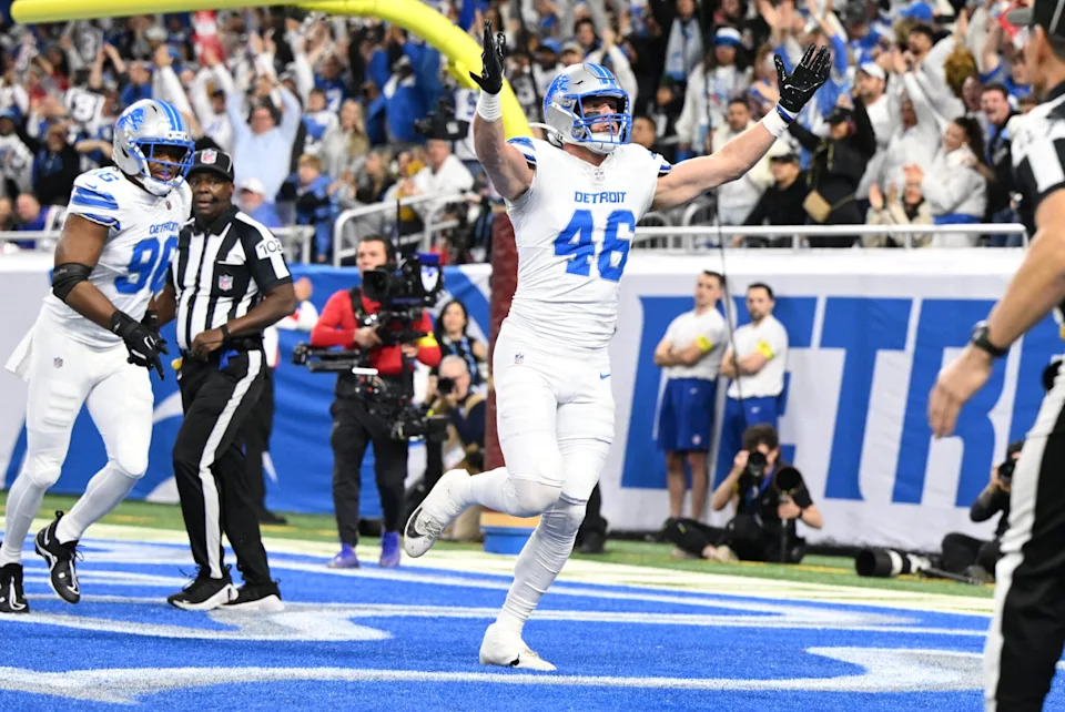 Dec 4, 2025; <a class="link " href="https://sports.yahoo.com/nfl/teams/detroit/" data-i13n="sec:content-canvas;subsec:anchor_text;elm:context_link" data-ylk="slk:Detroit;sec:content-canvas;subsec:anchor_text;elm:context_link;itc:0" data-yga="{"yLinkElement":"context_link","yModuleName":"content-canvas","yLinkText":"Detroit","ySubModuleName":"anchor_text","yHasCommerce":false}">Detroit</a>, Michigan, USA; Detroit Lions linebacker Jack Campbell (46).<span class="wp-block-image__credit">Lon Horwedel-Imagn Images</span>