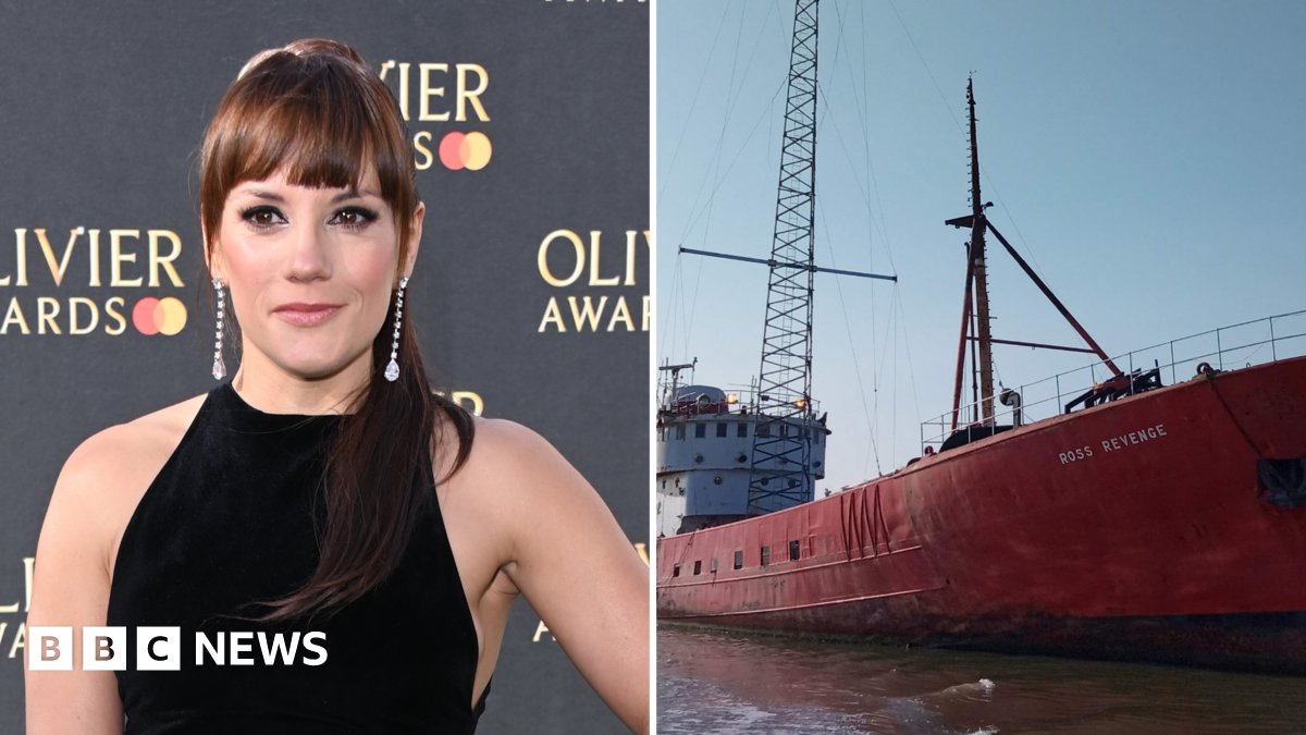 A composite of Vikki Stone and a Radio Caroline ship. On the left is Vikki Stone arriving at the Olivier Awards standing in front of a black board which says OLIVIER AWARDS in gold writing with the Mastercard logo next to it. She is wearing a black halter neck dress and is looking directly at the camera and smiling. On the right is a picture of a bright orange Radio Caroline ship called the ROSS REVENGE.